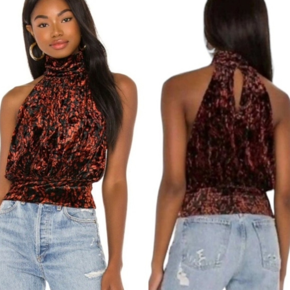 Free People Velvet Halter Crop Top Black Orange Print Smocked Back S